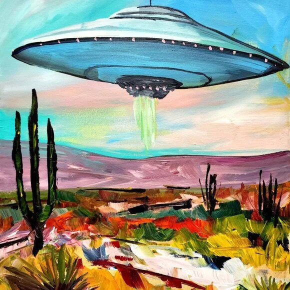 UFO Spaceship Landscape Desert 16x20 Original Handmade Painting